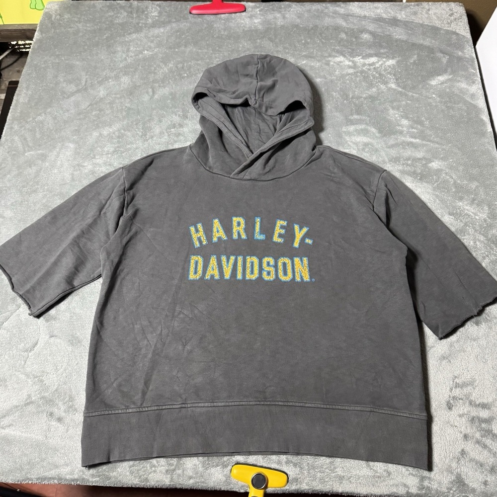 VTG Y2K Harley Davidson Womens Cutoff Sleeve Hoodie Pullover Size XL Double Side